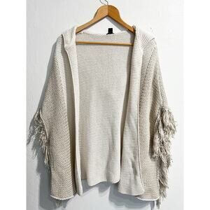 Roffe Knit Fringe Cardigan Sweater Poncho Festival Boho Beige Off White Hood